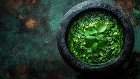 Fresh green chimichurri sauce in rustic stone mortar on dark textured background, traditional Argentinian condiment with herbs and olive oil.