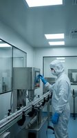 Scientist in protective suit operating pharmaceutical manufacturing equipment in sterile cleanroom laboratory for drug production and quality control.