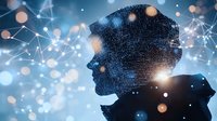 Digital silhouette of human head formed by binary code and glowing dots against blue background with network connections and bokeh light effects.