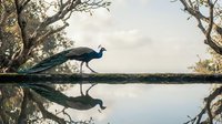 Majestic peacock perched on fallen log over calm water with perfect reflection, surrounded by bare winter trees in serene natural woodland setting.