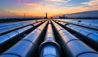 Industrial pipeline infrastructure at sunset with dramatic sky and oil refinery silhouette in background for energy and petroleum industry concepts.