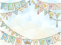 Colorful bunting and pennant flags with whimsical icons arranged in curved rows on soft watercolor background, perfect for baby shower, birthday party, and celebration design projects.