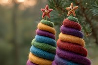 Colorful knitted Christmas trees with star toppers and evergreen branches create festive holiday decoration for seasonal crafts and winter celebrations.
