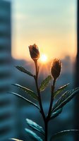 Delicate flower buds silhouetted against golden sunset sky with bokeh city background, backlit leaves creating dreamy atmospheric nature macro photography.