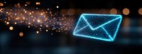 Digital glowing blue envelope with sparkles and particles on dark background, modern communication concept for email marketing and messaging.