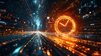 Glowing orange clock face in futuristic digital space with blue light streaks and particles creating dynamic time tunnel effect against dark background.