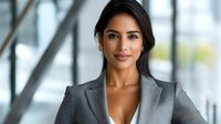 Young South Asian businesswoman in grey suit smiling confidently at camera in modern office setting with natural lighting and blurred background. Professional corporate portrait.