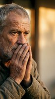 Thoughtful senior Caucasian man with gray beard and wrinkled hands covering mouth in contemplative pose against warm blurred background for emotional storytelling.
