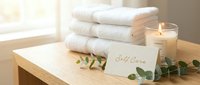 Soft white towels stacked on wooden surface with glowing candle, eucalyptus branches, and self care card for wellness and spa concepts.