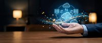 Businessman hand holding glowing cloud computing network with data servers and digital connections for modern technology solutions.