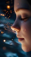 Side profile with closed eyes surrounded by magical glowing particles against dark blue background, expressing tranquility and inner peace. Dreamy atmosphere.