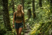 Young woman with long blonde hair hiking through lush green forest on summer day, wearing casual outdoor attire and enjoying nature adventure.