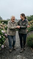 Senior woman with white hair and younger adult woman with brown hair walking together holding hands through flowering garden path, wearing casual jackets on overcast day for family bonding and intergenerational connection.