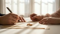 Couple signing divorce papers with wedding rings on table during legal separation process in bright office setting.