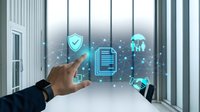 Businessman hand touching digital security icons including shield, server, and AI head on glass interface with network connections and data protection symbols.