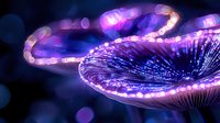 Glowing mushroom with bioluminescent details in dark forest setting, magical purple and blue bokeh lights creating mystical atmosphere for fantasy concept art.