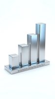 Ascending metallic bar chart with four columns on white base labeled business growth strategy, isolated on white background for corporate presentations and financial concepts.