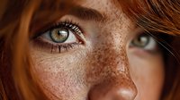 Close-up portrait of young Caucasian woman with freckles and green eyes. Natural beauty concept for skincare, cosmetics and wellness campaigns.