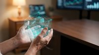 Hands holding glowing digital hologram with connected network lines in modern office workspace, representing technology, data analysis, and business innovation.