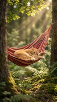 Ginger tabby cat napping in a colorful striped hammock between trees in a sunlit green forest with ferns and soft bokeh light.