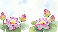Watercolor lotus flowers with pink petals and green leaves on white background for botanical illustrations and zen meditation designs.