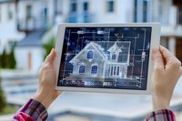 Architect using digital tablet with house blueprint overlay for construction planning and real estate development projects.