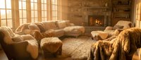 Cozy living room with fluffy fur-covered sofas, warm fireplace, and golden sunlight streaming through large windows in a rustic interior.