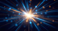 Bright starburst explosion with radial light beams and glowing particles on dark blue background for cosmic energy designs and digital art projects.