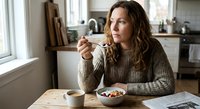 Young Caucasian woman enjoying healthy breakfast bowl with berries in cozy kitchen morning light. Mindful eating lifestyle concept for wellness content.