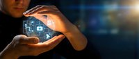 Businessman hands protecting digital healthcare icons with medical cross symbols and technology interface for insurance and wellness concepts.