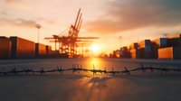 Dramatic sunset at industrial port with silhouetted cargo containers and cranes behind barbed wire fence, creating atmospheric security barrier scene.