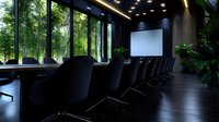 Modern conference room with panoramic forest views, black leather chairs, and projection screen surrounded by lush indoor plants and ambient lighting for business meetings.