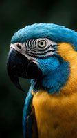 Close-up portrait of a blue and yellow macaw with vivid feathers and sharp eye detail against a dark green background.