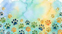 Watercolor paw prints in gold, orange, green and blue tones on soft pastel background. Isolated design element for pet-related projects, greeting cards, textiles and children's illustrations.