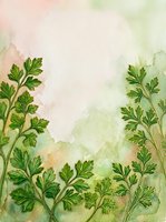 Watercolor herb stems with parsley leaves frame soft pastel background, suitable for culinary, botanical, wellness, and organic product designs.