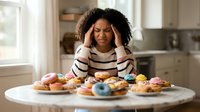 Young African American woman experiencing headache while surrounded by colorful donuts and sweets on kitchen table, depicting sugar overload stress.