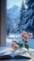 Pink cherry blossoms in vase on open book by window, with snowy winter forest and mountain landscape backdrop creating serene reading atmosphere.