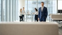 Confident male professional in navy suit walking through modern office with colleagues working at table in bright corporate environment with floor-to-ceiling windows.