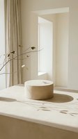 Minimalist beige interior with marble table, wooden bowl and eucalyptus branch creating serene modern home decor atmosphere for product display.