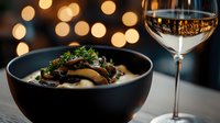 Gourmet mushroom soup in black ceramic bowl with fresh herbs and glass of white wine against blurred bokeh lights, moody restaurant atmosphere.