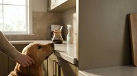 Golden retriever dog being petted by owner in modern kitchen with natural sunlight streaming through window creating warm domestic atmosphere.