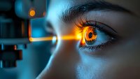 Close-up of eye during ophthalmological examination with orange laser beam, showing iris detail in blue tones for medical and healthcare concepts.