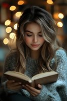 Young woman with blonde wavy hair reading book in cozy sweater with warm bokeh lights creating peaceful atmosphere for relaxation and learning.
