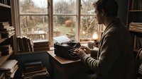 Young man typing on vintage typewriter in cozy home office surrounded by books and warm natural light from large windows during autumn season.