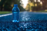 Blue plastic water bottle on wet asphalt surface with bokeh background and water drops, close-up view in evening light creating atmospheric mood.