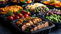 Grilled salmon with roasted vegetables in meal prep containers, healthy lunch boxes with beans, broccoli and tomatoes for weekly food planning.