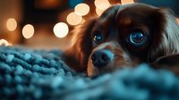 Adorable spaniel dog with bright blue eyes lying on knitted blanket, warm bokeh lights in background create cozy atmosphere for pet photography and greeting cards.