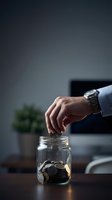 Man's hand with watch dropping coin into glass jar full of coins on desk, symbolizing savings, investment, and financial planning.