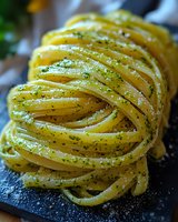 Fresh pasta linguine coated with herbs, olive oil and spices on dark stone background, macro food photography for restaurant menu and culinary blogs.