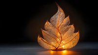 Delicate skeleton leaf with glowing amber light illuminating its intricate veins against dark background, creating atmospheric mood for nature-inspired design.